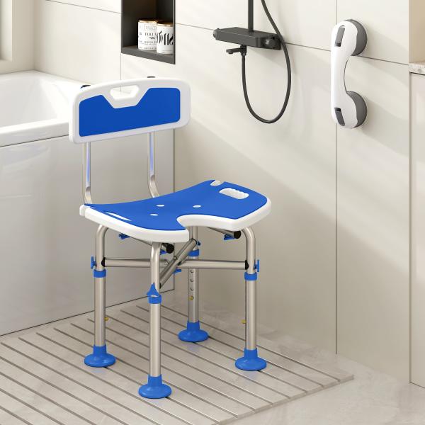Cadeira de Duche para Pessoas Idosas Antideslizante com Altura Ajustável em 5 Posições Suporte para Duche de Mão 48x47,5x72 - 82 cm Azul