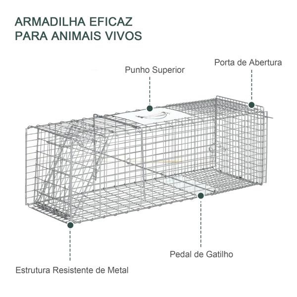 Armadilha para Animais Vivos Dobrável 93x31x34,5 cm Gaiola de Captura com Porta e Alça para Coelhos Roedores Prata