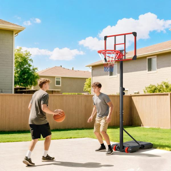 Tabela de Basquetebol com Altura Ajustável 178 - 208 cm Rodas Base Recarregável para Exterior 75x56x210 - 240 cm Vermelho e Preto