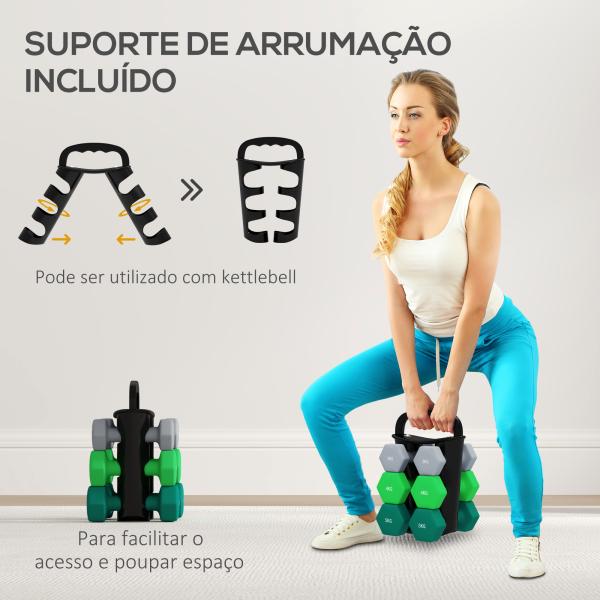 Conjunto de Halteres 2 x 3kg 2 x 4kg e 2 x 5kg Halteres Hexagonais com Suporte de Armazenamento para Treino Multicor