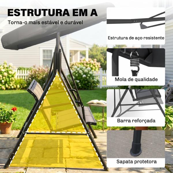 Baloiço de Jardim Exterior de 3 Lugares com Toldo Reclinável Assento Respirável e Estrutura de Aço 175x118x159 cm Preto