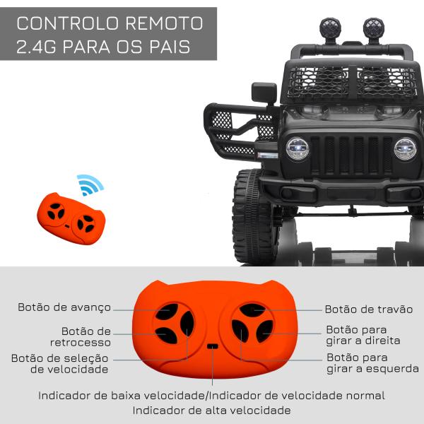 Carro Elétrico para Crianças com Bateria de 12V 2 Motores Controlo Remoto 2,4G Faróis Buzina Velocidade Ajustável 100x65x72 cm Preto