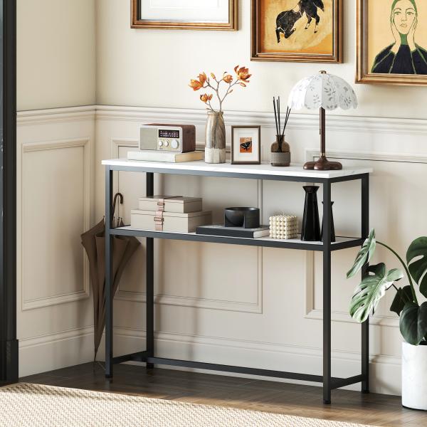 Mesa Consola Moderna Consola Estreita com Superfície com Efeito Mármore Prateleira Aberta e Estrutura de Metal 100x30x81 cm Branco