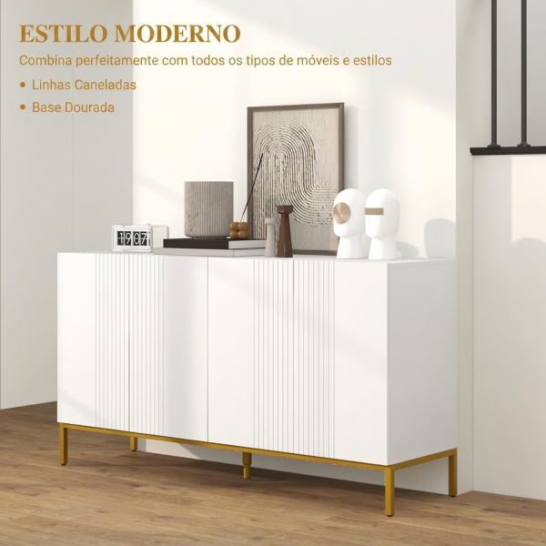 Aparador para Sala com 4 Portas, Prateleiras Ajustáveis e Pés Dourados 140x40x75 cm para Entrada ou Quarto, Branco