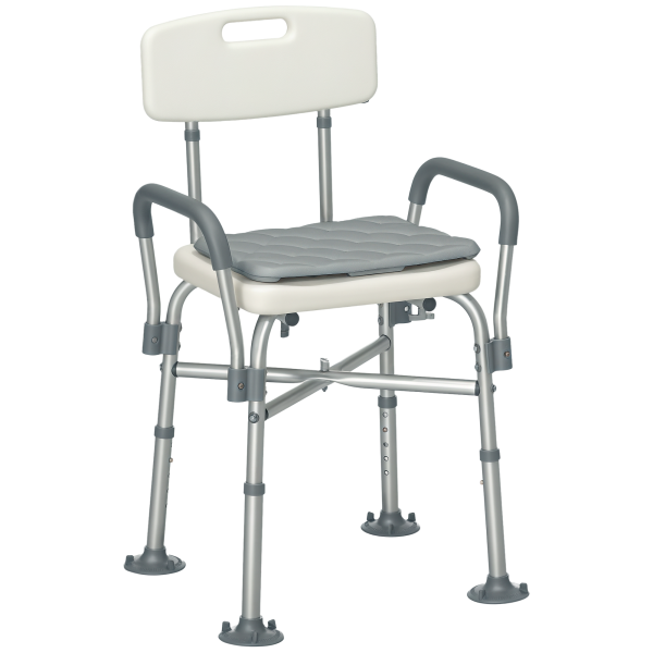 Cadeira de Duche para Idosos com Encosto Apoios de Braço Altura Ajustável Almofada Acolchoada Removível 53,5x52x80 - 90 cm Branco