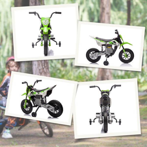 Mota Elétrica para Crianças com Bateria 12V Música Velocidade 2,4 - 5 km/h e Rodas Auxiliares 107x56x70 cm Verde