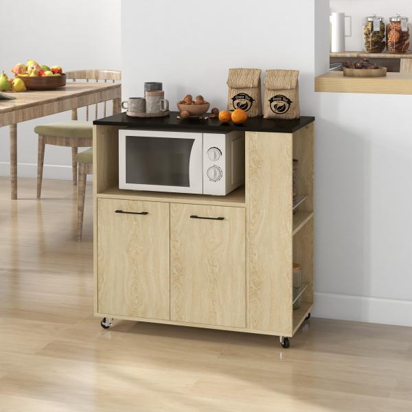 Carrinho de Cozinha com Rodas 2 Portas Prateleira Ajustável Porta - Especiarias para Sala de Jantar 75x40x80,5 cm Madeira