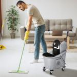 Balde de Esfregona Comercial com Espremedor de Pressão para Baixo Capacidade 36L com 4 Rodas 2 Cubetas 54x41x91,5 cm Cinza