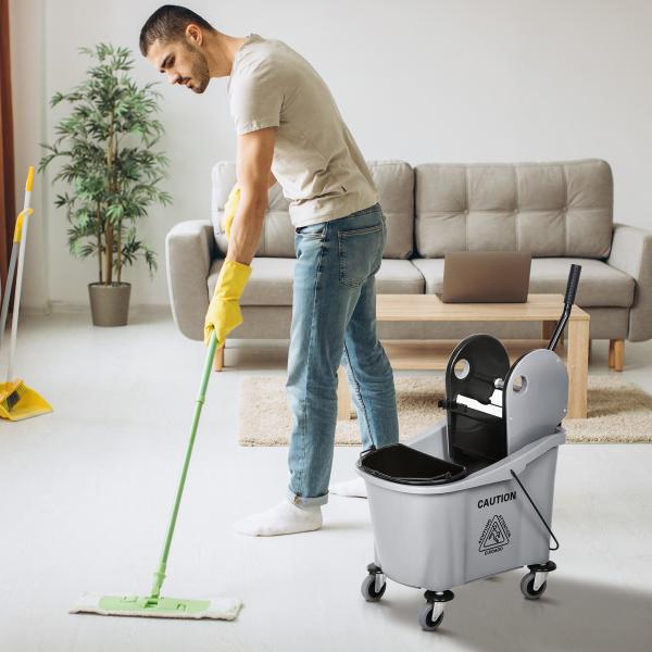 Balde de Esfregona Comercial com Espremedor de Pressão para Baixo Capacidade 36L com 4 Rodas 2 Cubetas 54x41x91,5 cm Cinza