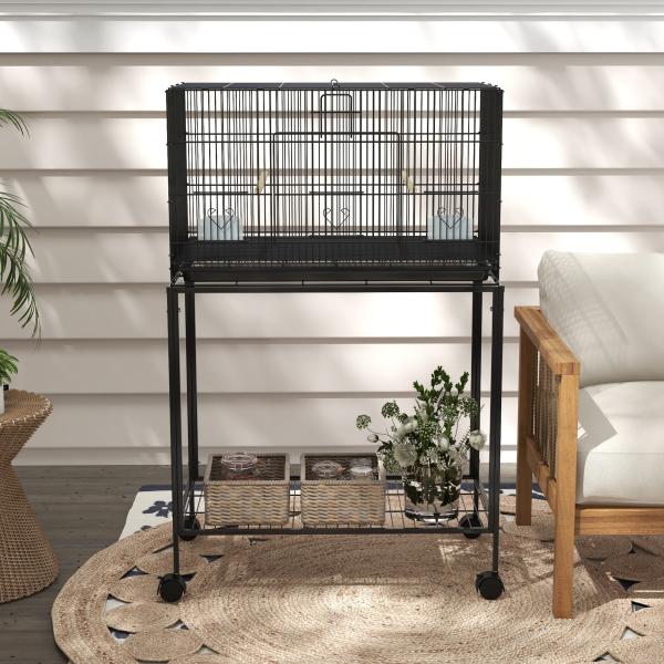 Gaiola para Pássaros com Rodas 77x46x119 cm Bandeja Amovível 2 Poleiros 2 Comedouros e Prateleira de Armazenamento Preto