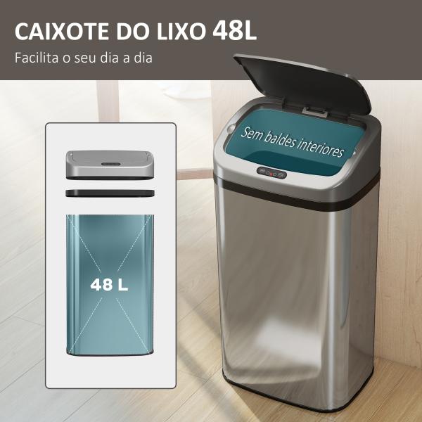 Balde de Lixo Automático para Cozinha 48 L Sensor Infravermelho Fechamento Automático Antimarcas Aço Inoxidável 33x25x69 cm Prata