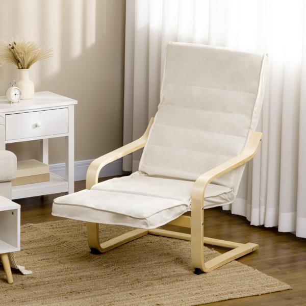 Poltrona Relax com Apoio para os Pés Ajustável Estofada em Tecido com Estrutura de Madeira 66,5x94x100 cm Creme