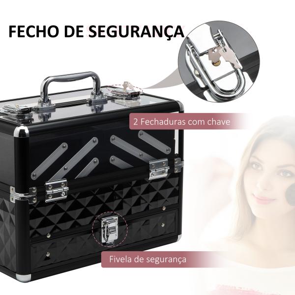 Estojo de Maquilhagem Organizador de Cosméticos Portátil com Múltiplos Níveis Alça e Bandejas 30x18,5x22 cm Preto e Transparente