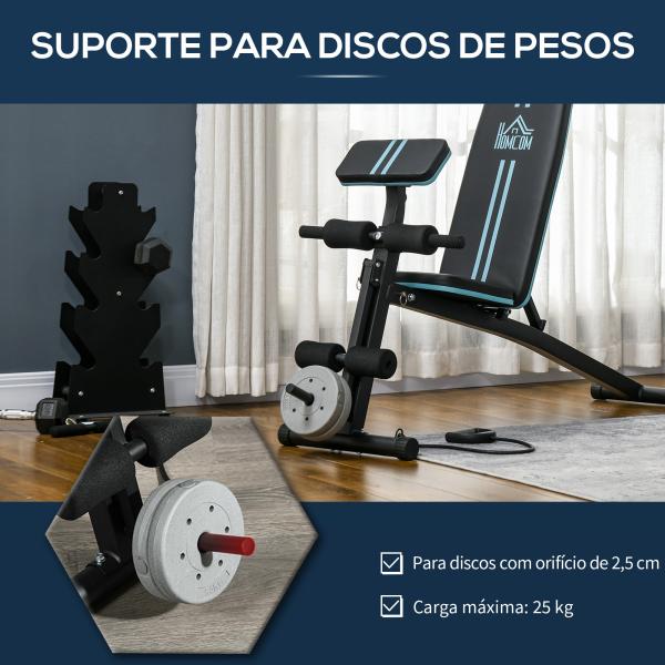 Banco de Musculação com Encosto Ajustável em 7 Posições Extensão de Pernas e Banda de Resistência 54x160x106cm Preto e Azul