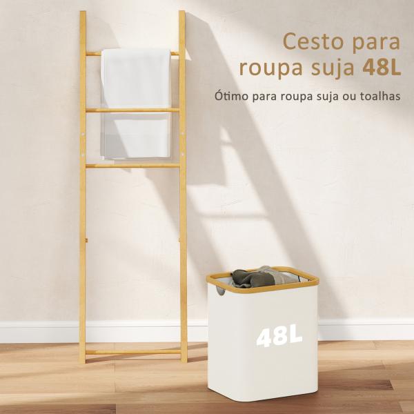 Estante para Casa de Banho de Bambu com 3 Barras e Cesto para Roupa Suja Removível de 48 L 43x35x133 cm Creme e Madeira