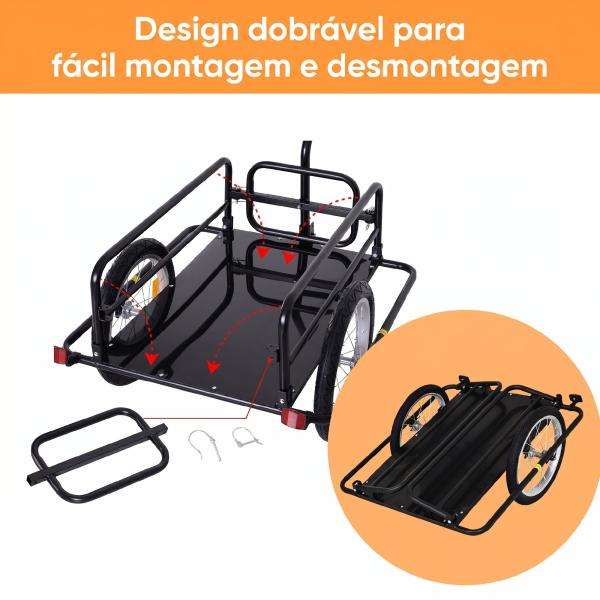 Reboque de Carga para Bicicleta Carrinho Dobrável para Bicicleta com 2 Rodas Refletores Carga 40 kg 155x71,5x77 cm Preto