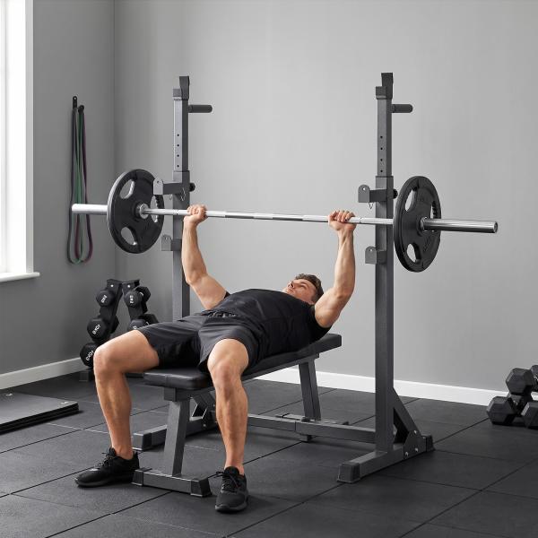 Suporte para Barras de Pesos com Largura e Altura Ajustáveis Suporte de Musculação com Estrutura de Aço 60 - 87x65x121 - 158 cm Preto