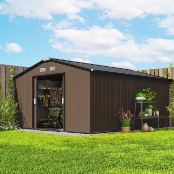 Abrigo de Jardim Exterior para Armazenamento de Ferramentas com 4 Janelas 12,4 m² 340x386x200 cm Castanho