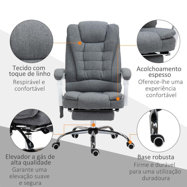 Cadeira de Massagem com 6 Pontos de Massagem Reclinável com Altura Ajustável e Função de Aquecimento 65x70x111 - 119 cm Cinza