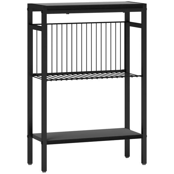 Mesa Auxiliar Estreita de 3 Níveis Mesinha Auxiliar Industrial com Prateleiras Abertas e Estrutura de Aço 43x18x62,5 cm Preto