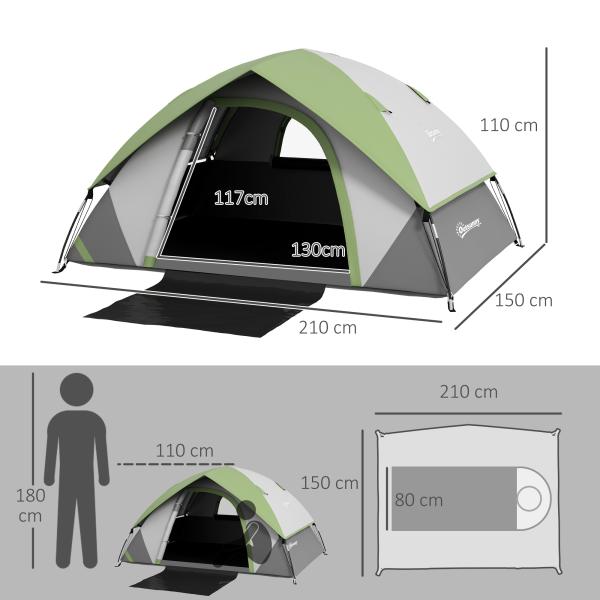 Tenda de Campismo Dobrável para 1 - 2 Pessoas com Janela e Bolsa de Transporte Impermeável 3000 mm 210x110x150 cm Verde