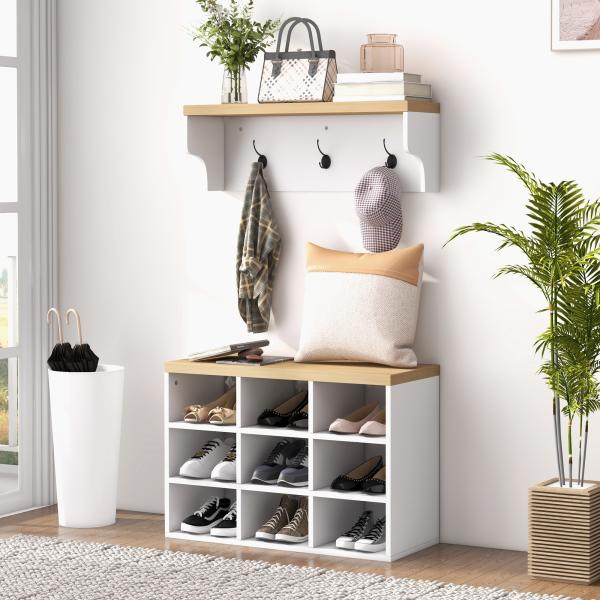Móvel Cabide de Entrada com Banco Sapateira 2 em 1 Móveis de Entrada com 3 Ganchos 75x30x50 cm e 75x20x22,5 cm Branco