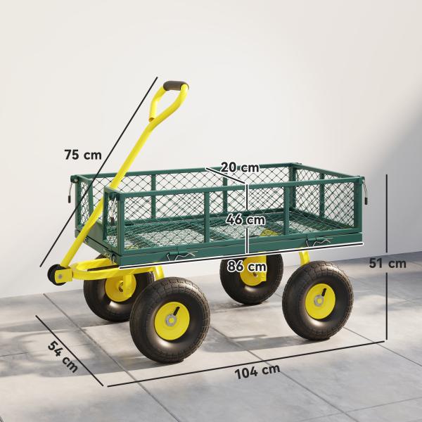 Carrinho de Jardim em Aço com Capacidade 200 kg e Laterais Removíveis 104x54x51 cm Verde e Amarelo