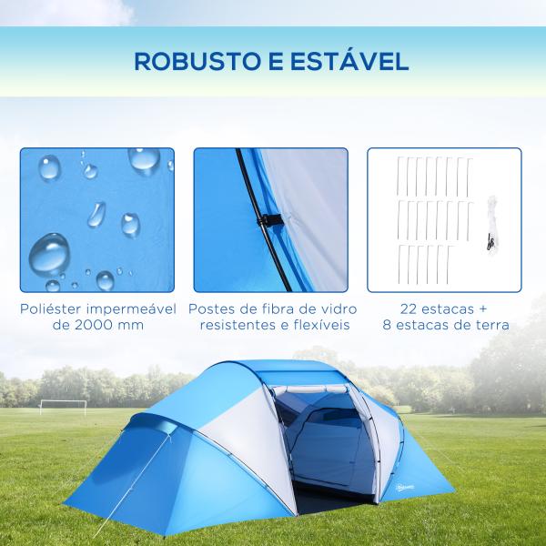 Tenda de Campismo Familiar para 4 Pessoas Tenda Dobrável Impermeável para Praia Parque 430x240x170 cm Azul e Branco