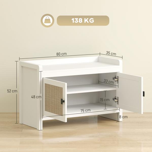 Banco Sapateira com Portas Frentes de Vime Prateleira para 8 Pares de Sapatos para Entrada Dormitório 80x35x52 cm Branco