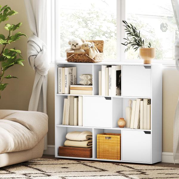Estante para Livros de 3 Níveis com 9 Cubos, 3 Portas e 6 Compartimentos Abertos, 106x24x95 cm, Branco