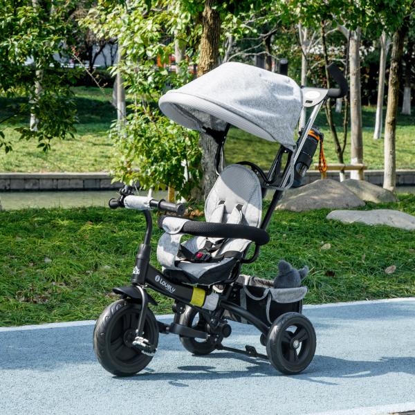 Triciclo Evolutivo para Bebés de +12 Meses 2 em 1 com Toldo Dobrável Guiador Cinto de Segurança e Cesto 95x50x106 cm Cinza