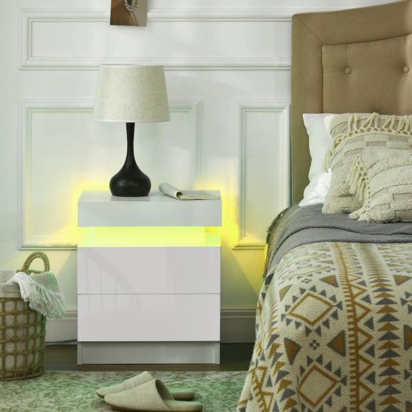 Mesa de Cabeceira com Luz LED Mesa de Cabeceira Painel de Alto Brilho 2 Gavetas e Controlo 45x35x52 cm Branco