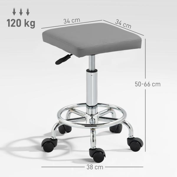 Banco Giratório com Rodas Altura Regulável 50 - 66 cm Assento Estofado em Imitação de Couro 34x34x50 - 66 cm Cinzento