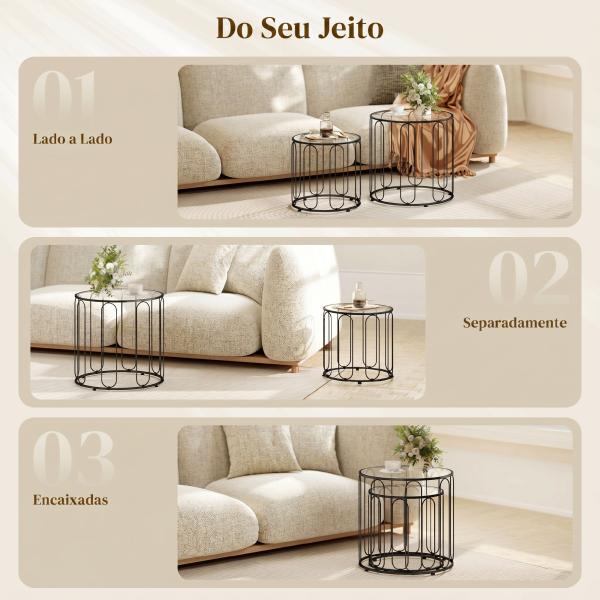 Conjunto de 2 Mesas de Apoio Tipo Ninho com Estrutura em Metal e Tampo de Vidro Ø50x50 cm e Ø40x40 cm Preto