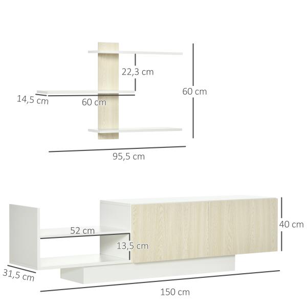 Móvel de TV para Sala de Estar Móvel para Televisores 150x31,5x40cm e Prateleira de Parede 95,5x16x60cm Madeira e Branco