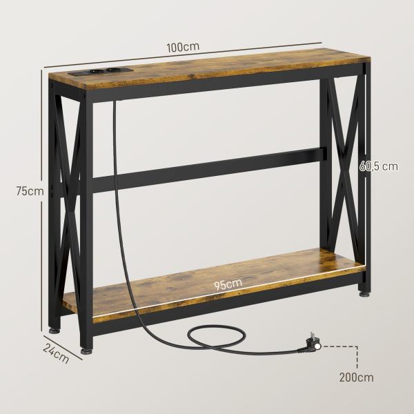Mesa Consola de Estilo Industrial Mesa de Entrada de 2 Níveis com Estação de Carregamento 100x24x75 cm Castanho Rústico