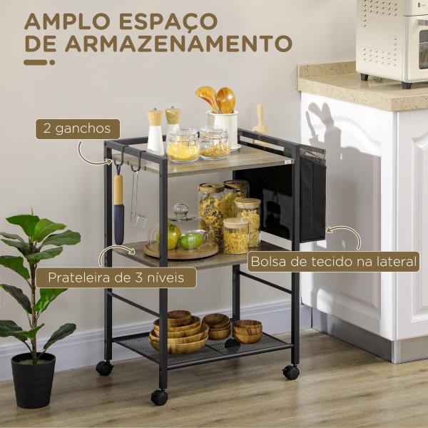 Carrinho Auxiliar com Rodas Carrinho de Armazenamento de 3 Níveis com Bolsa de Tecido 2 Ganchos 66x40x80,5cm Cinza
