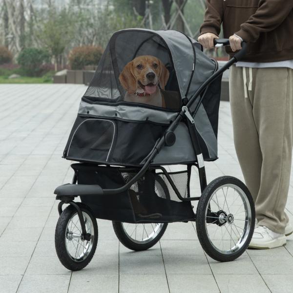 Carrinho para Cães Dobrável para Cães Médios e Pequenos com Cesta de Armazenamento Capota Ajustável 111x58x107 cm Cinza
