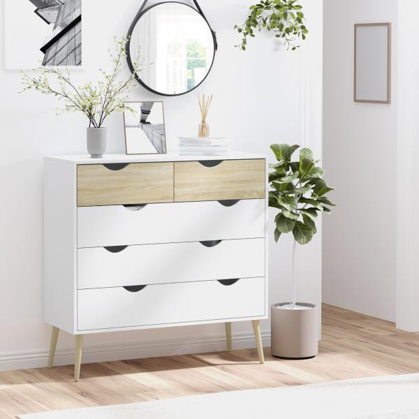 Cómoda com 5 Gavetas Cómoda de Quarto com Pés de Madeira Estilo Nórdico 99x39x101 cm Branco e Carvalho