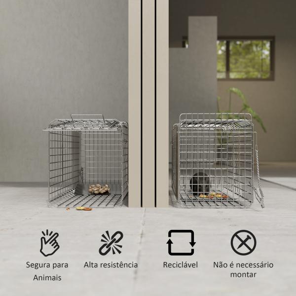 Armadilha para Animais Vivos Dobrável 66x24x30,5 cm Gaiola de Captura com Porta e Alça para Coelhos Roedores Prata