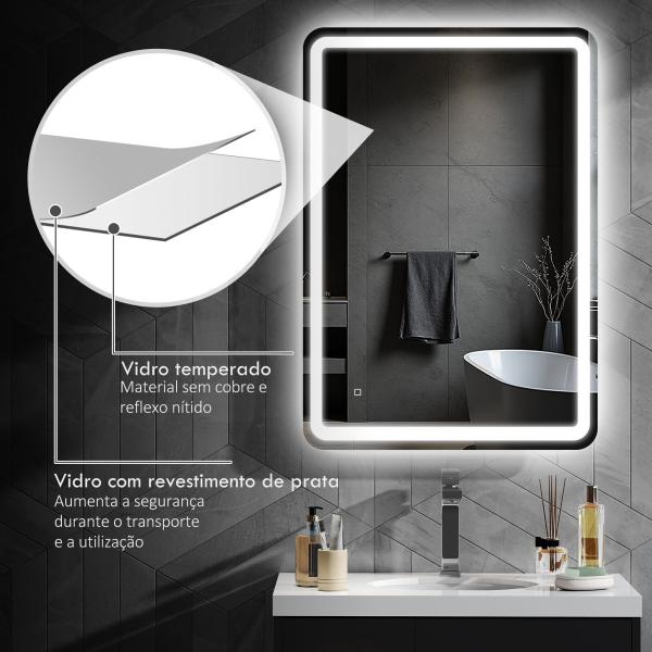Espelho Casa de Banho com Luzes LED 70x100 cm Função Antiembaciamento 3 Temperaturas de Cor Ajustável e Função de Memória Prata