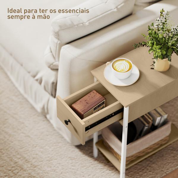 Mesa Auxiliar Estreita Mesa Auxiliar Industrial com Gaveta Prateleira Aberta e Estrutura Metálica 25x39,8x58,2 cm Madeira
