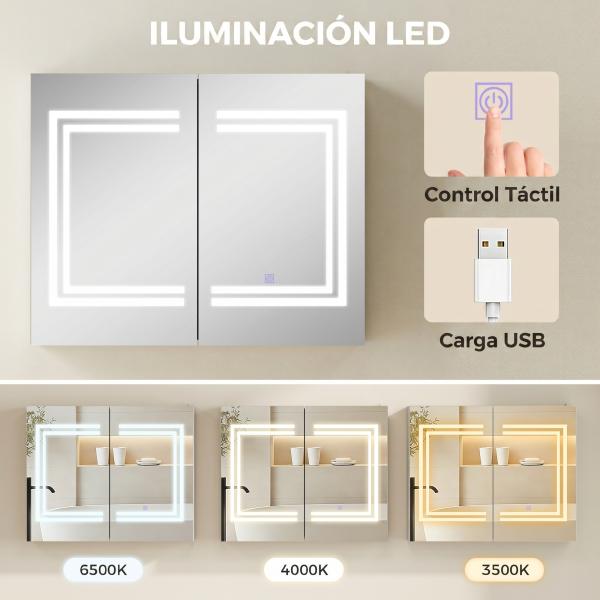 Armário Casa de Banho com Espelho e Luz LED Interruptor Tátil e Cor da Luz Ajustável 80x15x65 cm Branco Brilhante