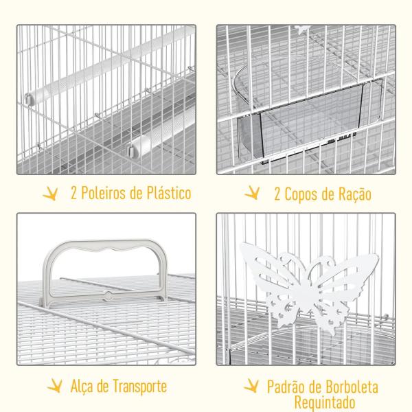 Gaiola para pássaros 60x41x41cm Aviário com 2 poleiros e 3 portas para pássaros pequenos Canários Papagaios de metal branco