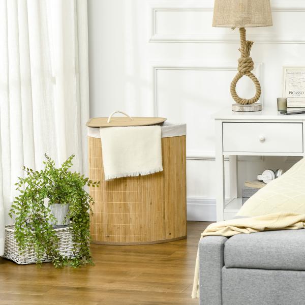 Cesto de Roupa de Bambu Capacidade de 55L Cesto para Roupa Suja com Tampa e Bolsa Amovível 38x38x57cm Madeira