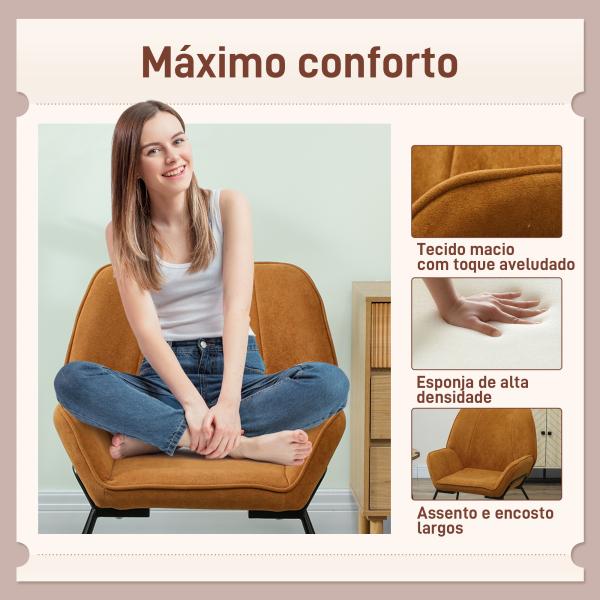 Poltrona Sala de Estar Moderna Poltrona de Leitura com Assento Largo e Acolchoado Estofada em Veludo Pés de Metal 70x67,5x87 cm Marrom