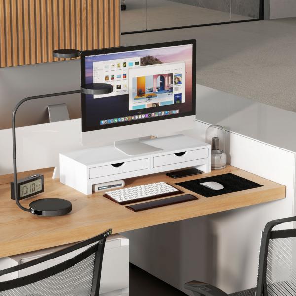 Suporte para Monitor com Ângulo e Comprimento Ajustável e 2 Gavetas para Escritório 60 - 116x22x12 cm Branco