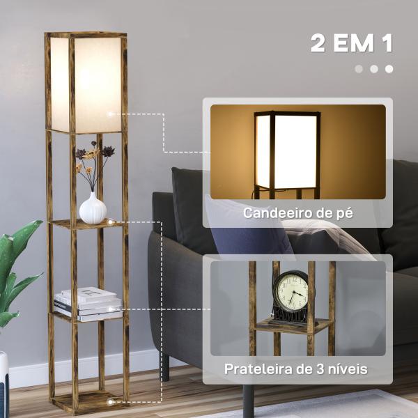 Candeeiro de Pé de Madeira com 3 Prateleiras para Lâmpada E27 Potência Máx. 40W 26x26x160 cm Marrom Rústico