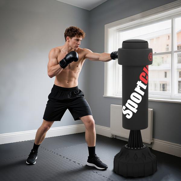 Saco de Boxe de Pé Faixa de Altura Ajustável 65 – 175 cm Base Recarregável com Ventosas A 57x57x175 cm Preto