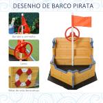 Caixa de Areia Infantil de Madeira Desenho de Galeão com Assento 2 Degraus Bandeira Vermelha e Leme Caixa de Areia de Jardim para Crianças acima de 3 Anos 158x78x45,5cm Natural